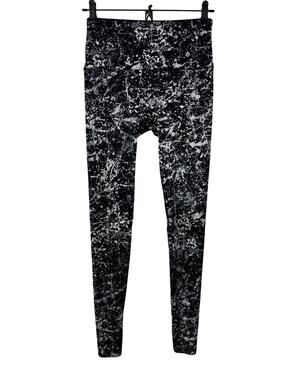 K-Deer Black White Yoga Leggings Paint Splatter High-Waistband Pull-On Large L